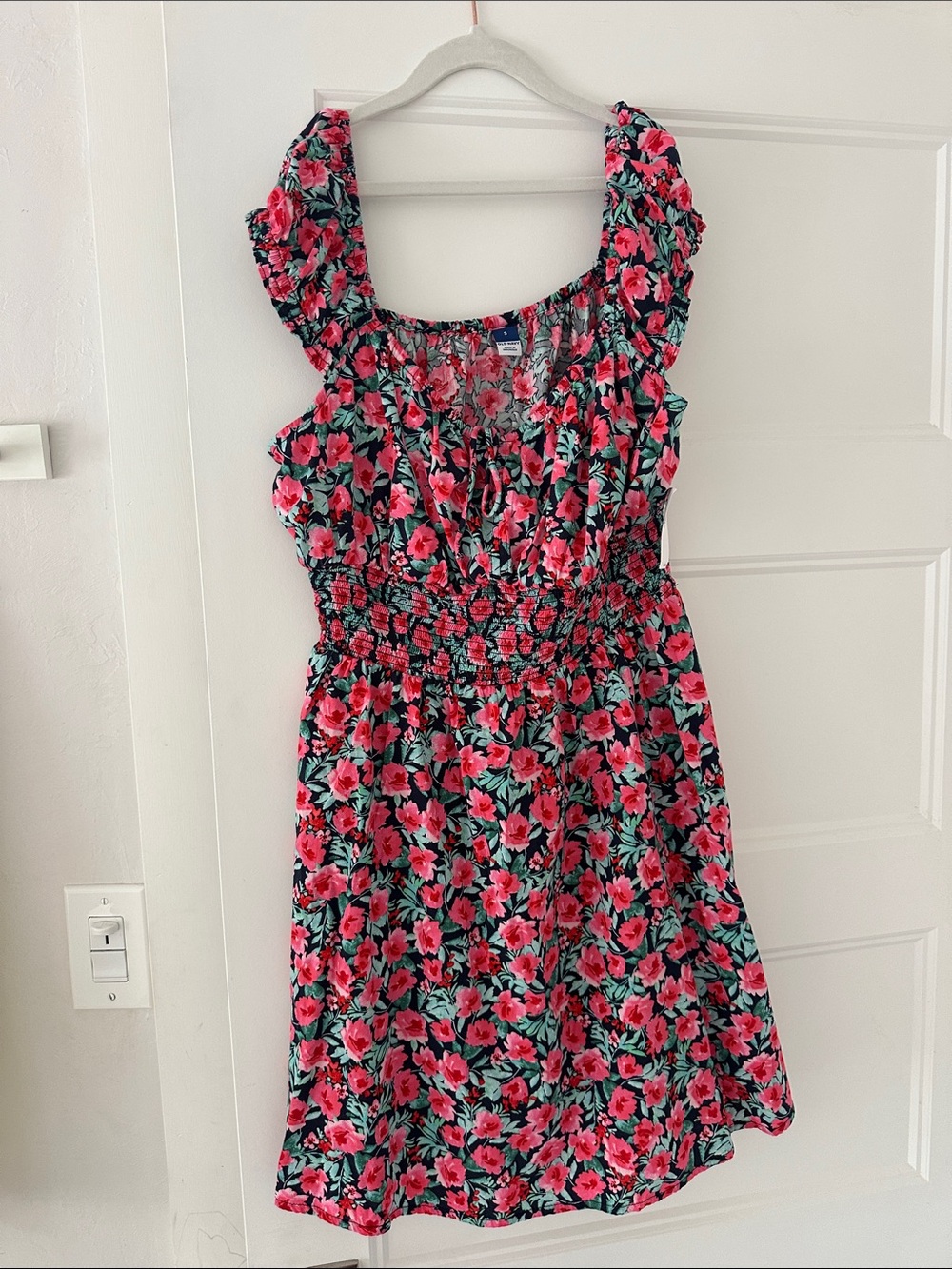 Old Navy Black Floral Smocked Waist Dress with Pink & Green Print